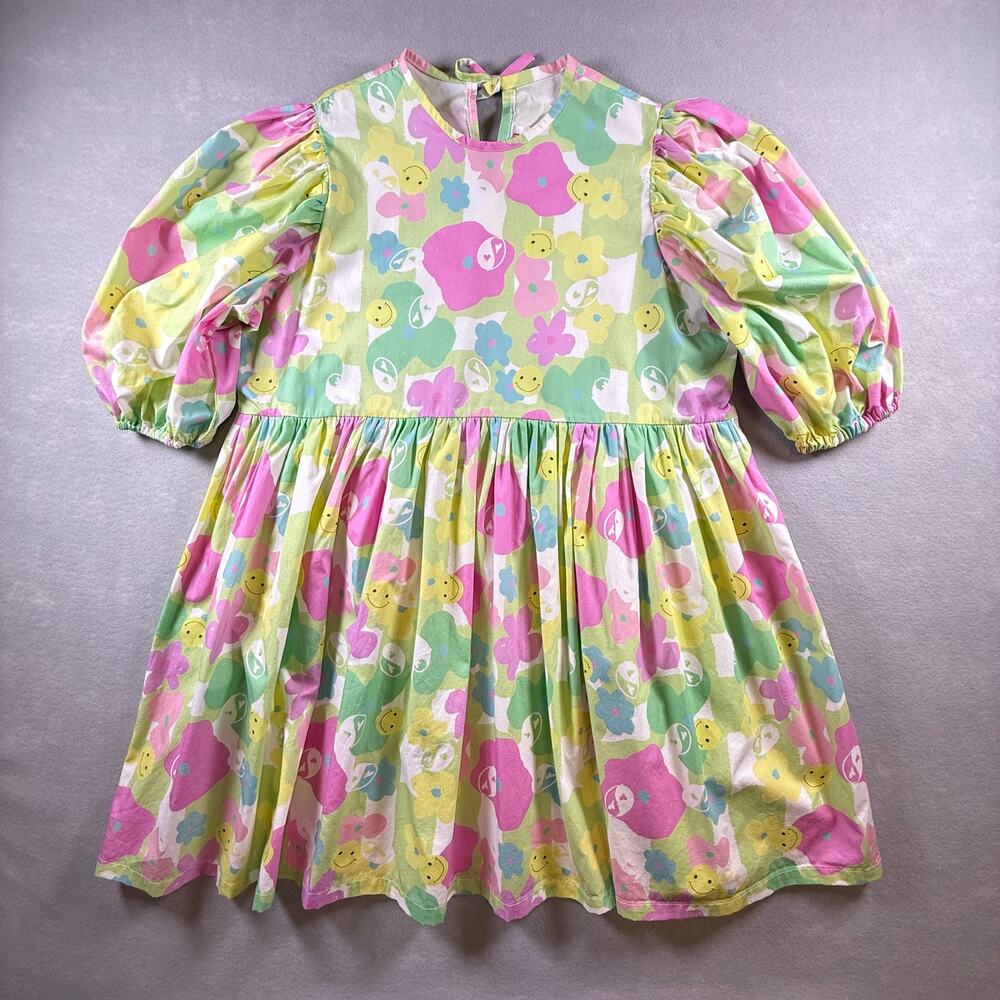 Megan Crosby organic cotton baby doll dress - smiley face oversized pleated sz M